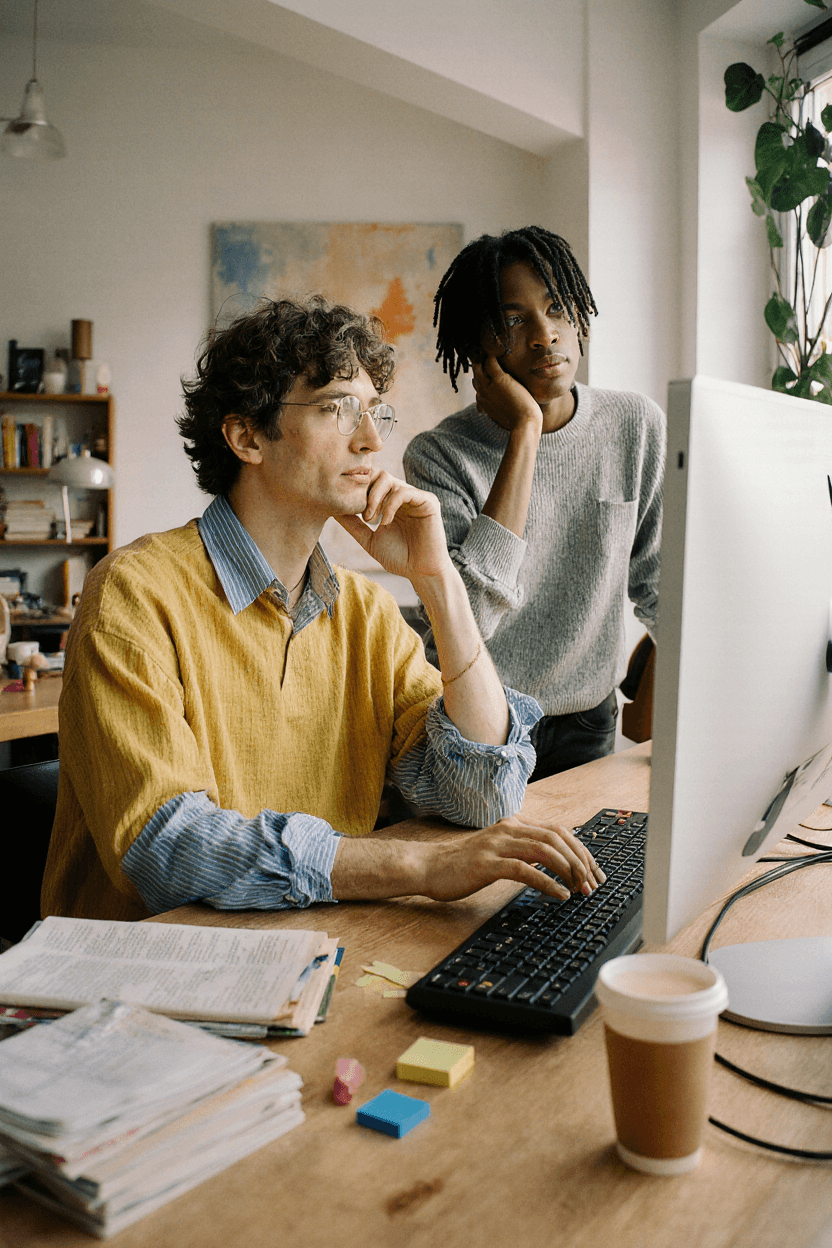 Twee mensen samen achter één scherm aan de werktafel